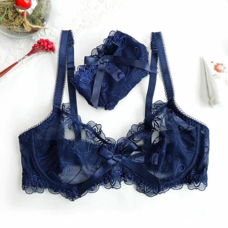 Sutiã de renda floral transparente sexy sem enchimento conjunto de sutiã respirável com fio ABCD - Imagem 2 de 4