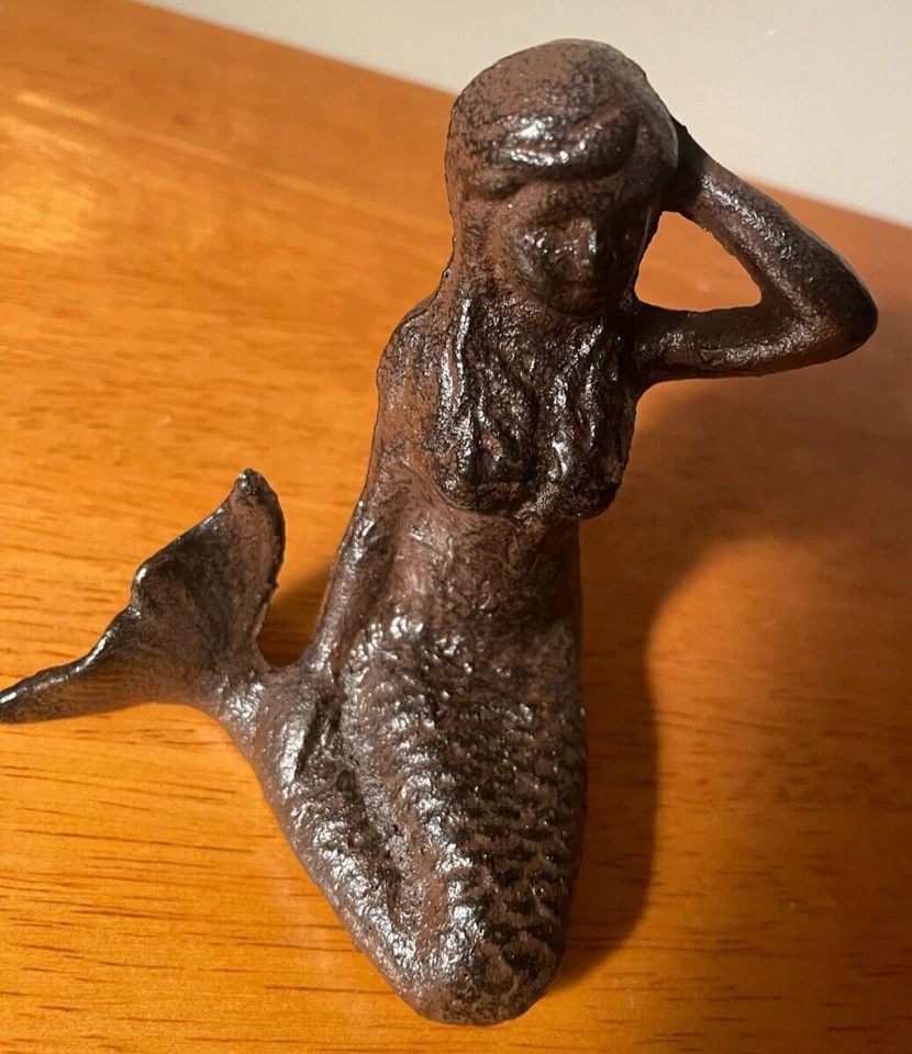Mermaid Figurine Statue Cast Iron Nautical Coastal Decor Rustic Beach Shelf Art - Image 3 of 4