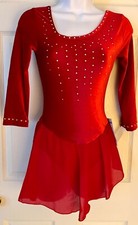 GK ICE FIGURE SKATE ADULT SMALL RED VELVET 3/4 SLV ASYMMETRIC NECK JA DRESS AS