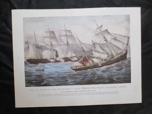 1968 Civil War Print - U.S Warship Kearsarge Sinking Confederate Warship Alabama