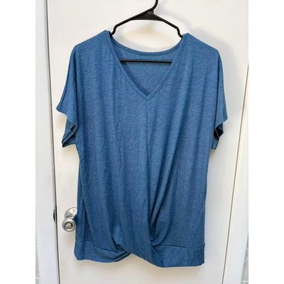 Heather Blue V-Neck Twist Front Hem Top T-Shirt Short Sleeve Blouse Casual M