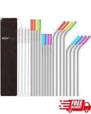 16PCS Reusable Stainless Steel Straws with Travel Case & Silicone Tips Set