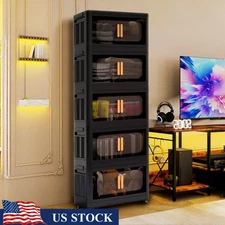 Folding Storage Bin W/ Rolling Wheels 5 Tier Collapsible Utility Organizer New