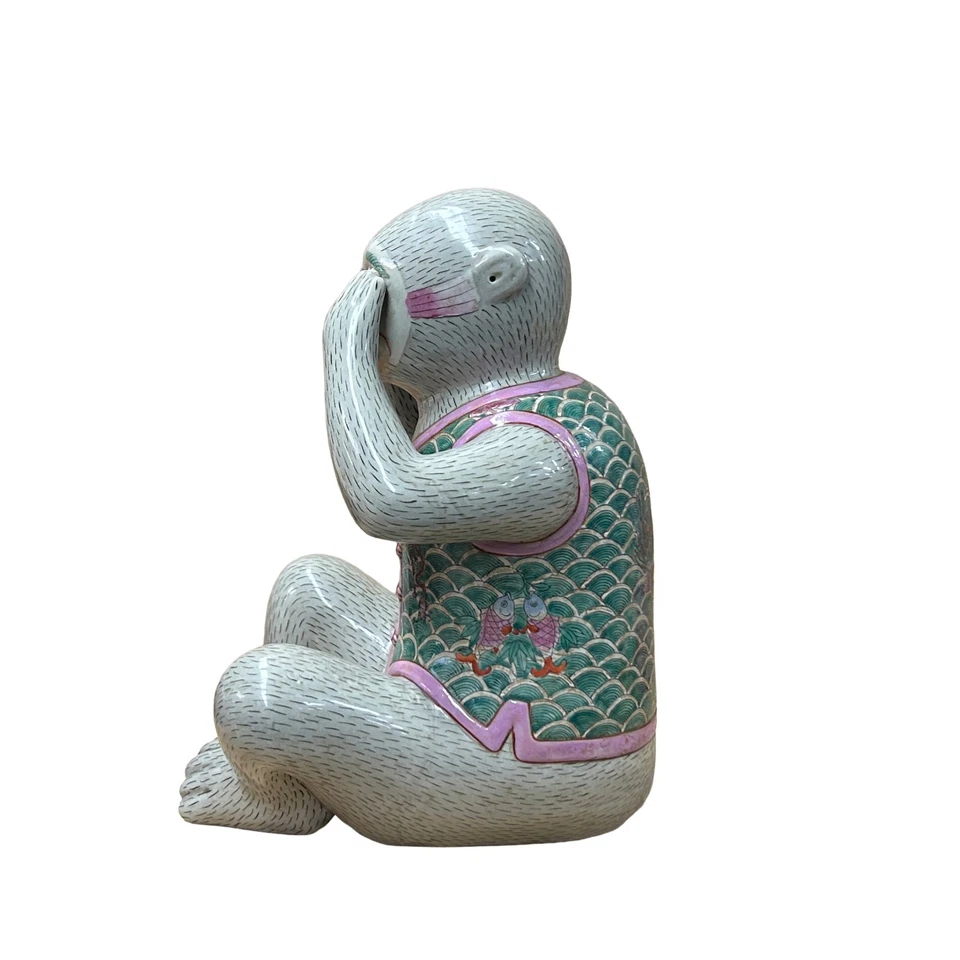 Set 3 Vintage Gray Green Dress No Evils Ceramic Art Monkey Figures ws4739 - Image 2 of 4