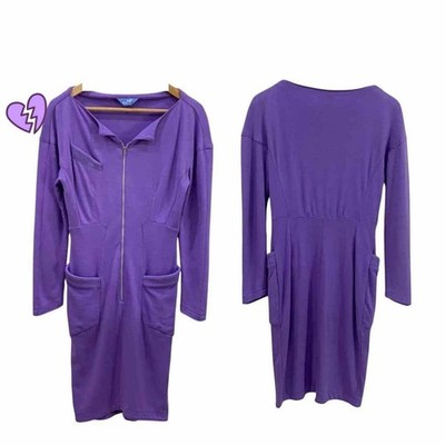 Vintage Thierry Mugler Dress Front Zip Long Sleeve Purple Size M #A