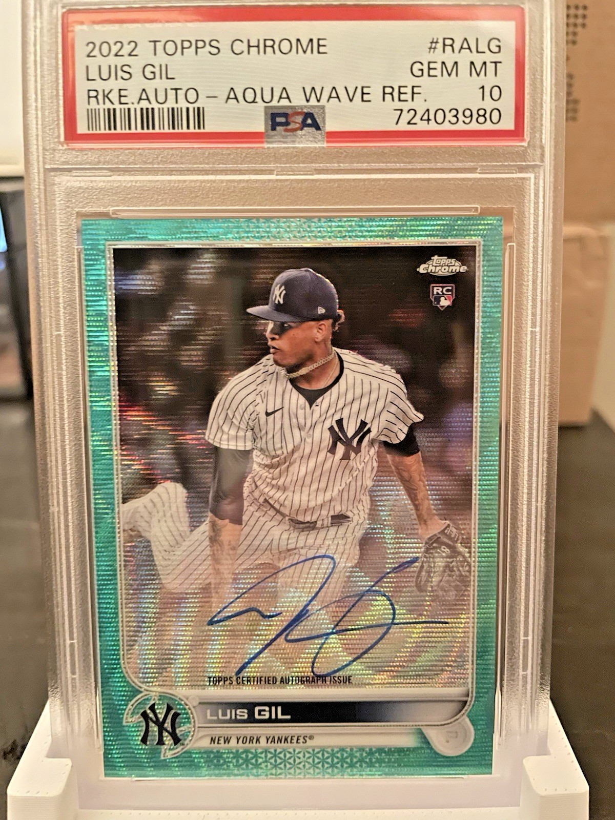 2022 TOPPS CHROME LUIS GIL ROOKIE AUTO #RALG AQUA WAVE REFRACTOR #29/199 PSA 10