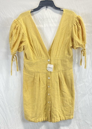 NWT Free People Womens Yellow Cotton Plunge V-Neck Short Sleeve Mini Dress Sz M