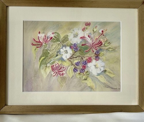 Original Pastel Painting Framed Signed Cottagecore Floral Honeysuckle Art 2010