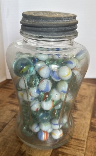 ANTIKES Speer Mfg U-SAVIT Quart Glas voll mit Vintage Murmeln - Bild 1 von 6