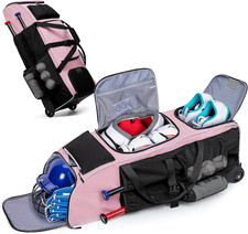 Rolling Baseball Softball Bag Pink with Wheels 4 Bat Shoe Compartment Gear