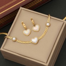 Pearl Love shaped Earrings Bracelet Necklace Women's Fashion Jewelry Set