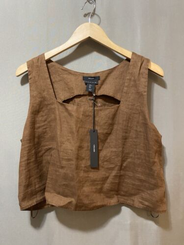 NWT TAHARI Women Sleeveless 100% Linen Squar Neck Semi Cropped Top Size L Brown