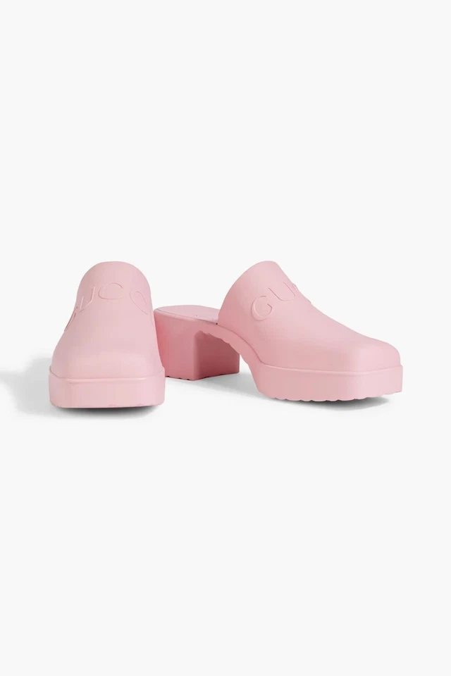 Gucci Women Rubber Mules Pink Logo Embossed Slip Sandals Block Heel Clogs 38 8 - Image 3 of 4
