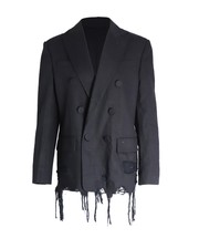 Alexander Wang Distressed Hem Double-breasted Blazer In Black Cotton Us6
