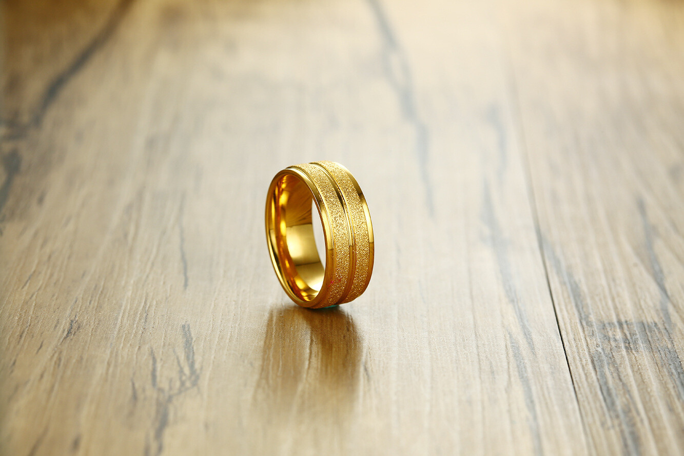 8mm Wide Fashion  Titanium Steel Frosted Groove Men's Gold Ring Size 7-12