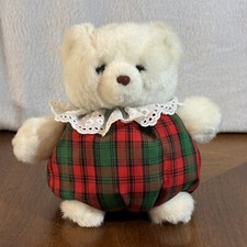 Russ Christmas Bear Plush HOLLY White Soft Tartan Fabric Body 8" Vintage