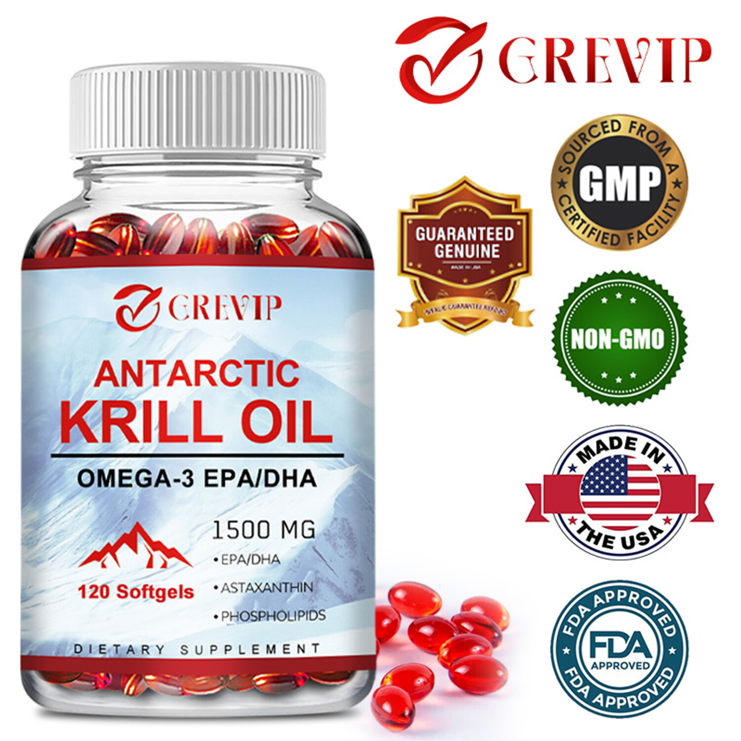 Aceite de Krill Antártico 1500mg-Salud de la Presión Arterial, Omega-3, EPA, DHA, Astaxantina