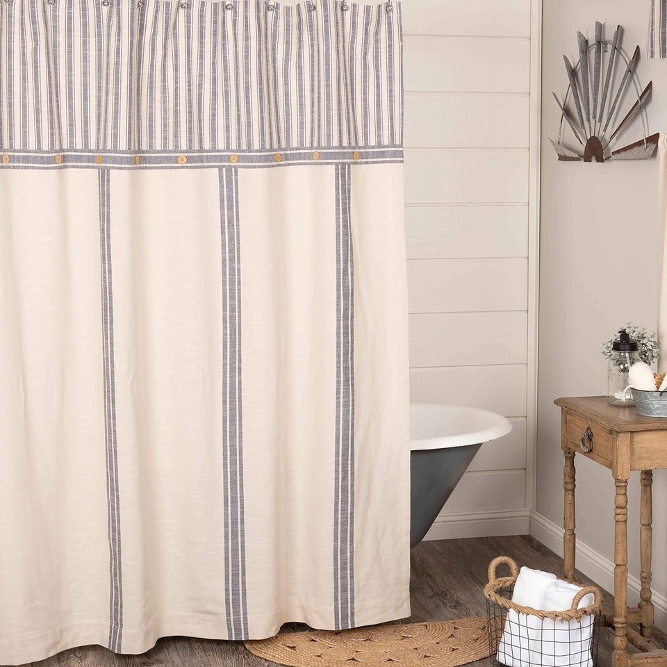 Farmhouse Blue Ticking Stripe Shower Curtain 72" x 72" Cotton
