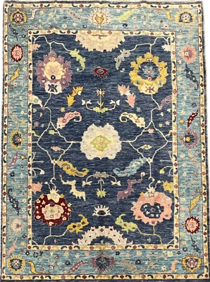 Hand Knotted Oushak Navy Blue Tribal Oriental Wool Area Rug Carpet 8'10'' x 11'9''