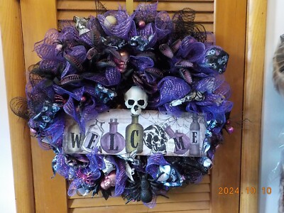 Unique handmade Gothic black, purple ''Welcome'' wreath with skulls, spiders