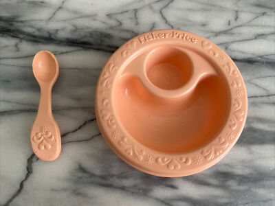 Vintage Fisher Price Baby Ann Bowl Spoon 1981-83 Doll Pretend Food Pink  Hearts