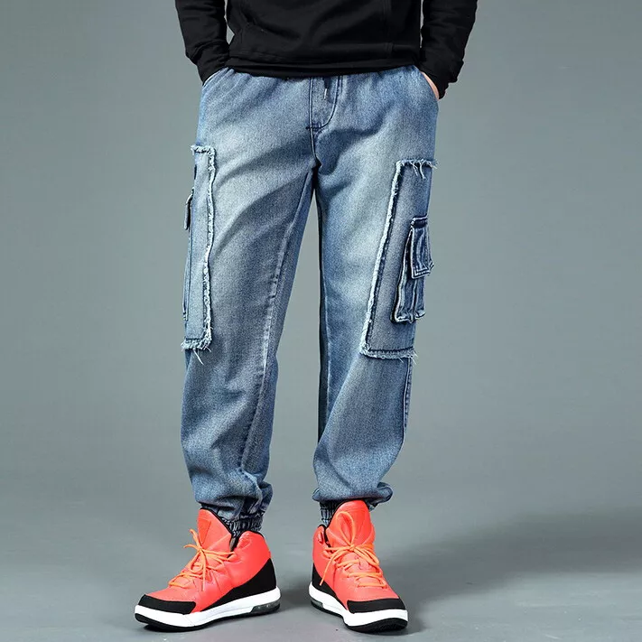 Mens Jeans Cargo Jogger Pants Denim Baggy Loose Streetwear Hip-Hop  Stonewashed