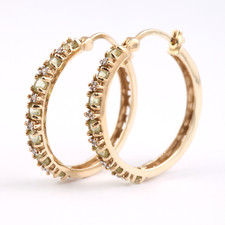 14k Peridot and Diamond Round Hoop Earrings Solid Yellow Gold Open Work Metal