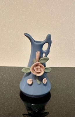 Rare Vintage Porcelain Miniature Blue Pitcher Vase w/ Delicate Rose Details-2in
