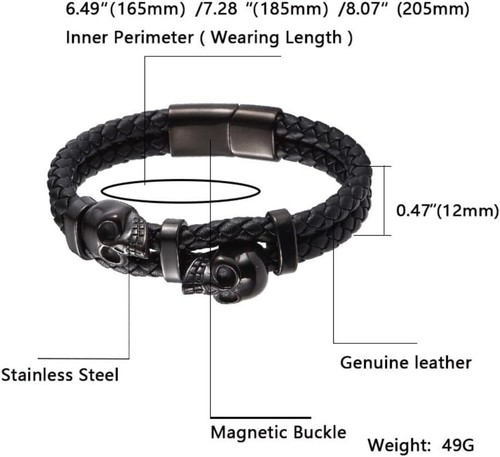 Pulsera Calavera Acero Inoxidable Cuero Trenzado Esqueleto Pulsera Punk Joyería - Imagen 7 de 35