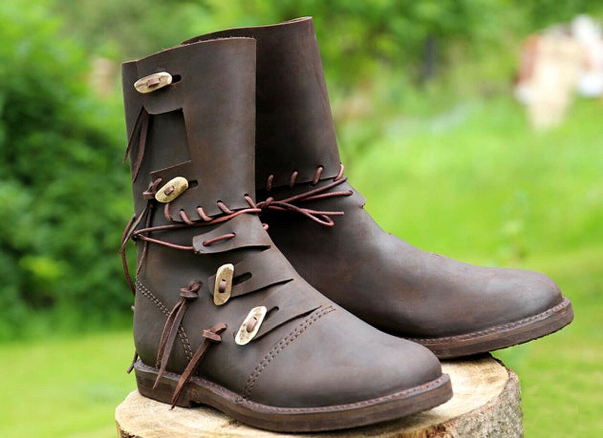 Unisex Brown handmade Leather Shoes Viking Renaissance earthy men’s 7.5  W 8.5 Viking Leather Shoes with Lacing and Wolf Embossing for sale  main image 4