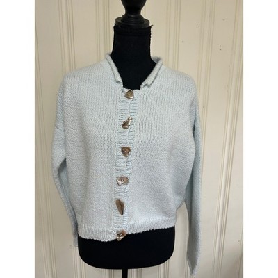 VTG Coastal Cottage Nantucket M Pastel Blue Cotton Cardigan Roll Collar Sweater