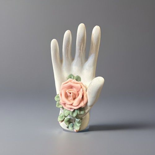 Vintage Porcelain Hand with Pink Rose Flower Ring Holder Shelf Beauty Room Decor - Picture 2 of 8