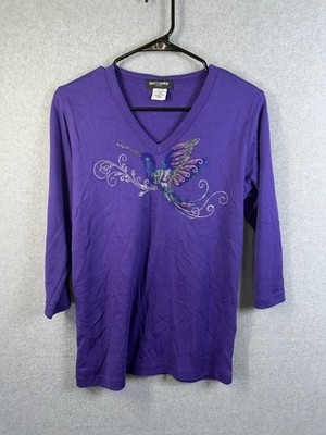 Get Lucky Shirt Womens Medium Purple V Neck 3/4 Sleeve Rhinestone Bird Top