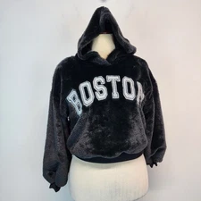 Planet Heart Boston Faux Fur Hoodie Top Size S Black Cozy Street Baddie Y2K City