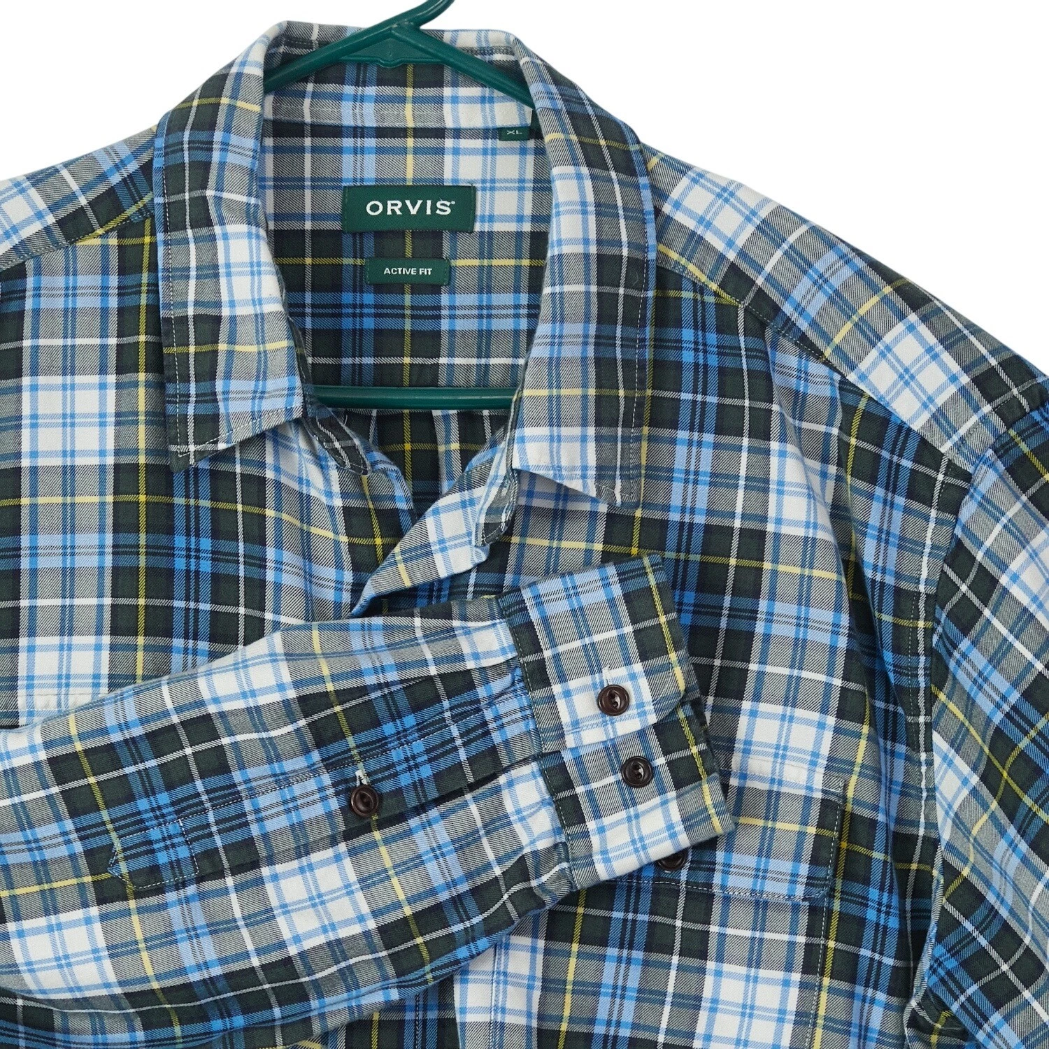 ORVIS Mens Plaid Active Fit Plaid Flannel Shirt Button Up XL Blue Green Yellow