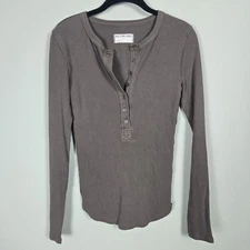 We The Free People Womens Ribbed Henley Top Small Brown Fitted Preppy Minimalist