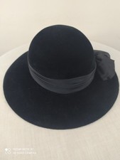 Vintage Velvet Black Fedora Brimmed Hat with Ribbon Band Made in Britain 56cm
