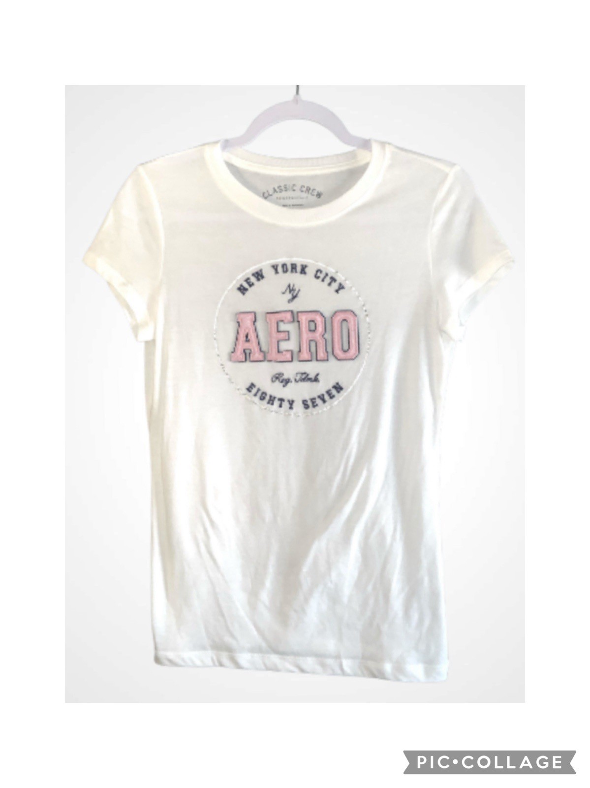 Aeropostale White With Pink NYC Graphic Short Sleeve Crewneck Tee Shirt M