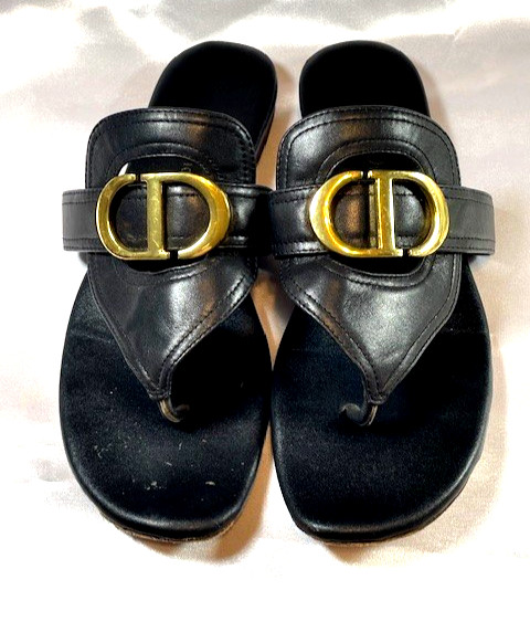 Christian Dior 30 Montaigne Thong Black Leather Gold Finish CD Sandals thumbnail 3
