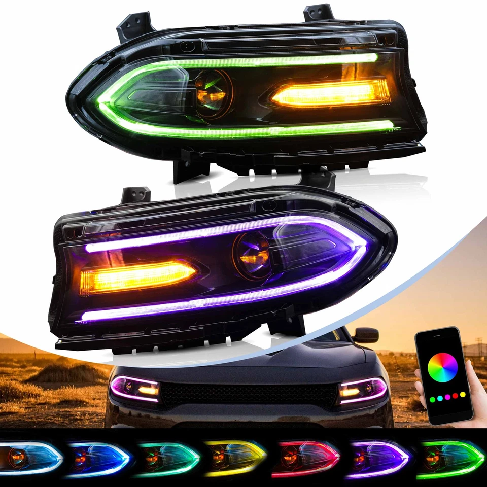 2*VLAND LED DRL RGB Headlights For 2015-2020 Dodge Charger Fit Factory Halogen - Image 2 of 4