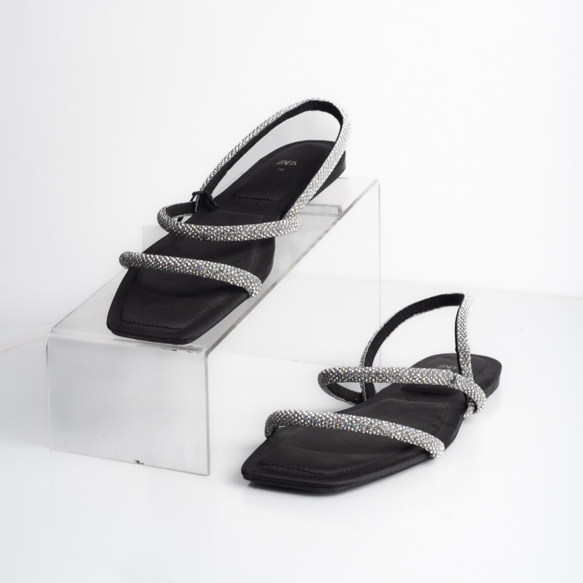 Zara Womens Black Strappy Rhinestone Slingback Flat Sandals