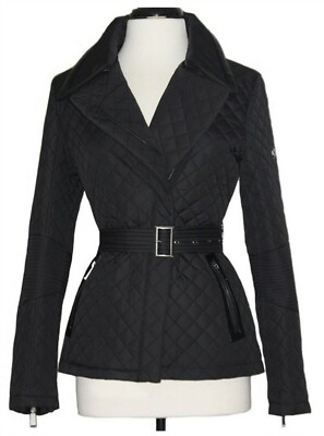 DKNY Coat NWT SZ Medium Black Quilted Belted Jacket Zipper Front Zip  Pockets