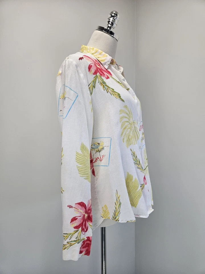 Camisa John Paul Richard Mujer Lino Puro Pequeña Mediana Tropical Estampado Floral Foto 3 de 4