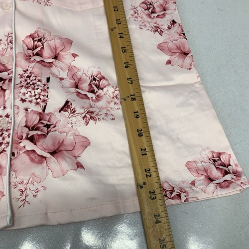 Le Rose Pjs Pajama Set Small Pink Floral Satin Long Sleeve Button Up Pockets - Picture 11 of 13