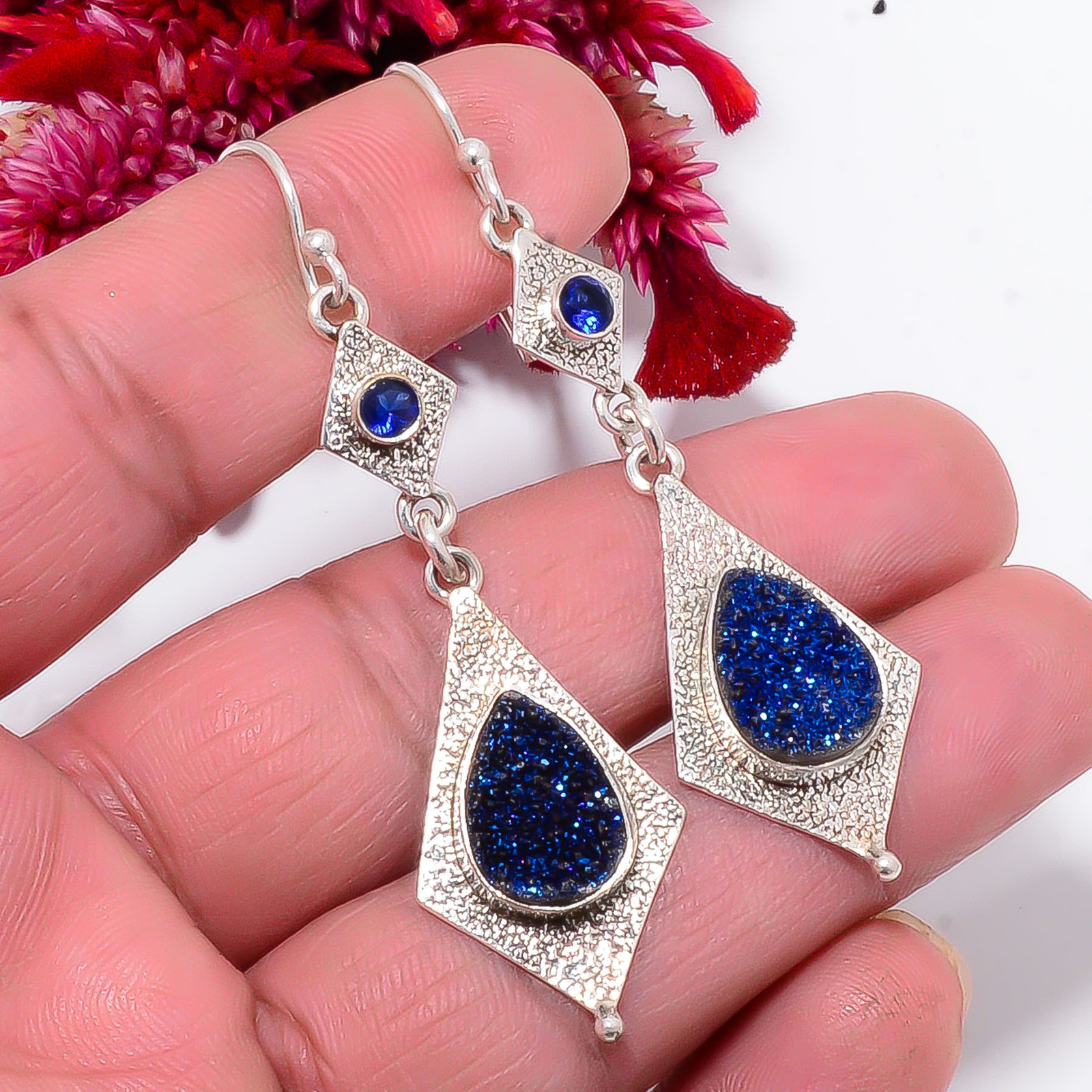 Electric Blue Titanium Agate Drusy Sapphire Silver Earrings 2.50 Inch Sku30