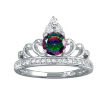 Sterling Silver Ladies Crown Ring w/ Clear Mystic Topaz Color CZ Stones