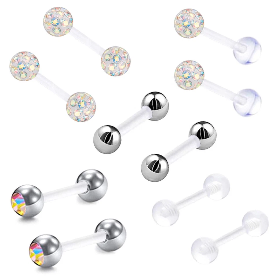 10pcs Acrylic Crystal Ear Stud Cartilage Tragus Bioflex Bar Barbell Piercing Set Foto 3 de 4