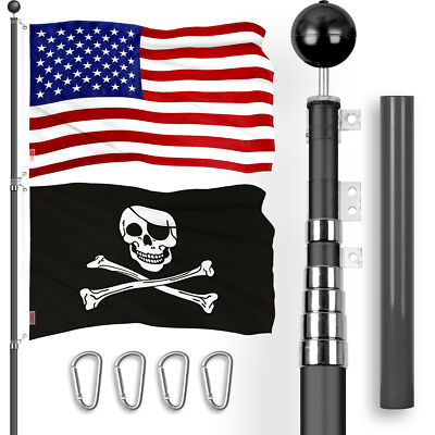 25 Ft Telescoping Flagpole Black & USA and Pirate Bones Flags Emb 300D 3x5Ft