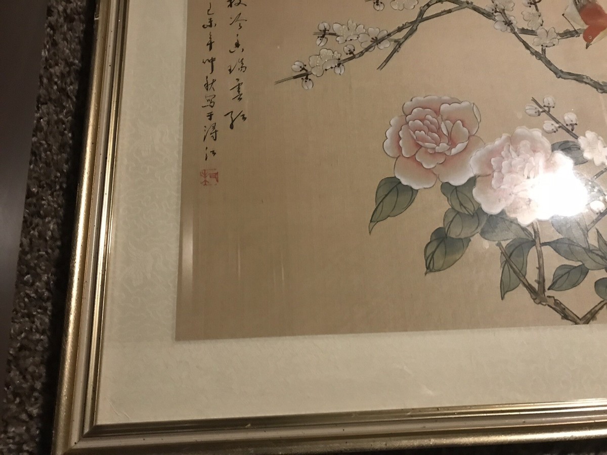 VINTAGE CHINESE SILK BIRD & FLOWER PAINTING STAMPED FRAMED