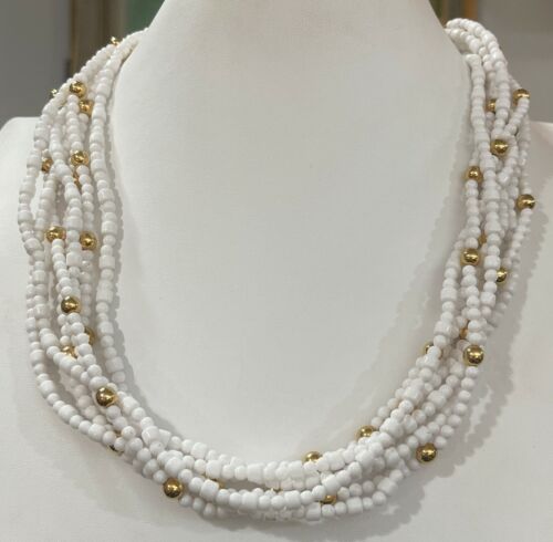 NOS NWT Vintage Monet White Gold Beads Multi Strand Layer Hook Closure Necklace - Afbeelding 1 van 8